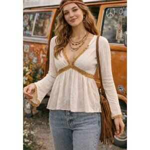 Womens Boho Baby Doll 70s Crochet Gauze Long Sleeve Hippie Top Size Medium